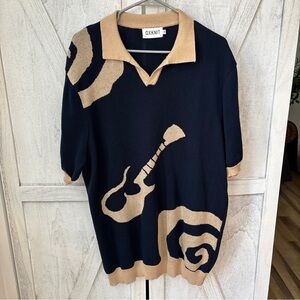 Oxknit Retro 1970s Guitar Knit Polo Shirt Women’s 3XL Blue